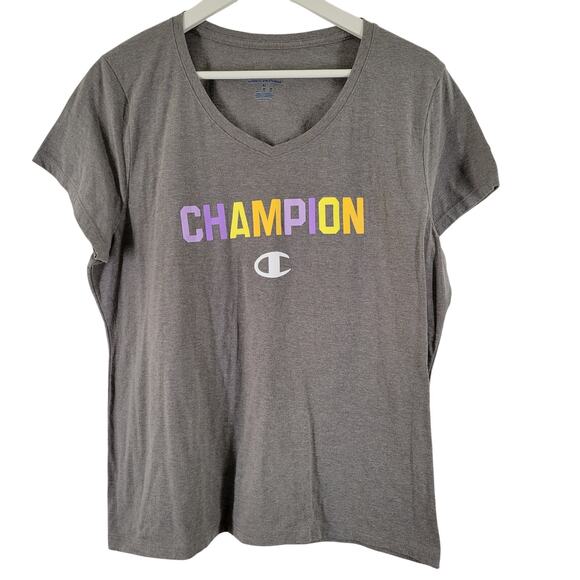 Champion Tops - Champion Spellout T Shirt Womens Sz XL Gray V Neck Pastel Color Cute